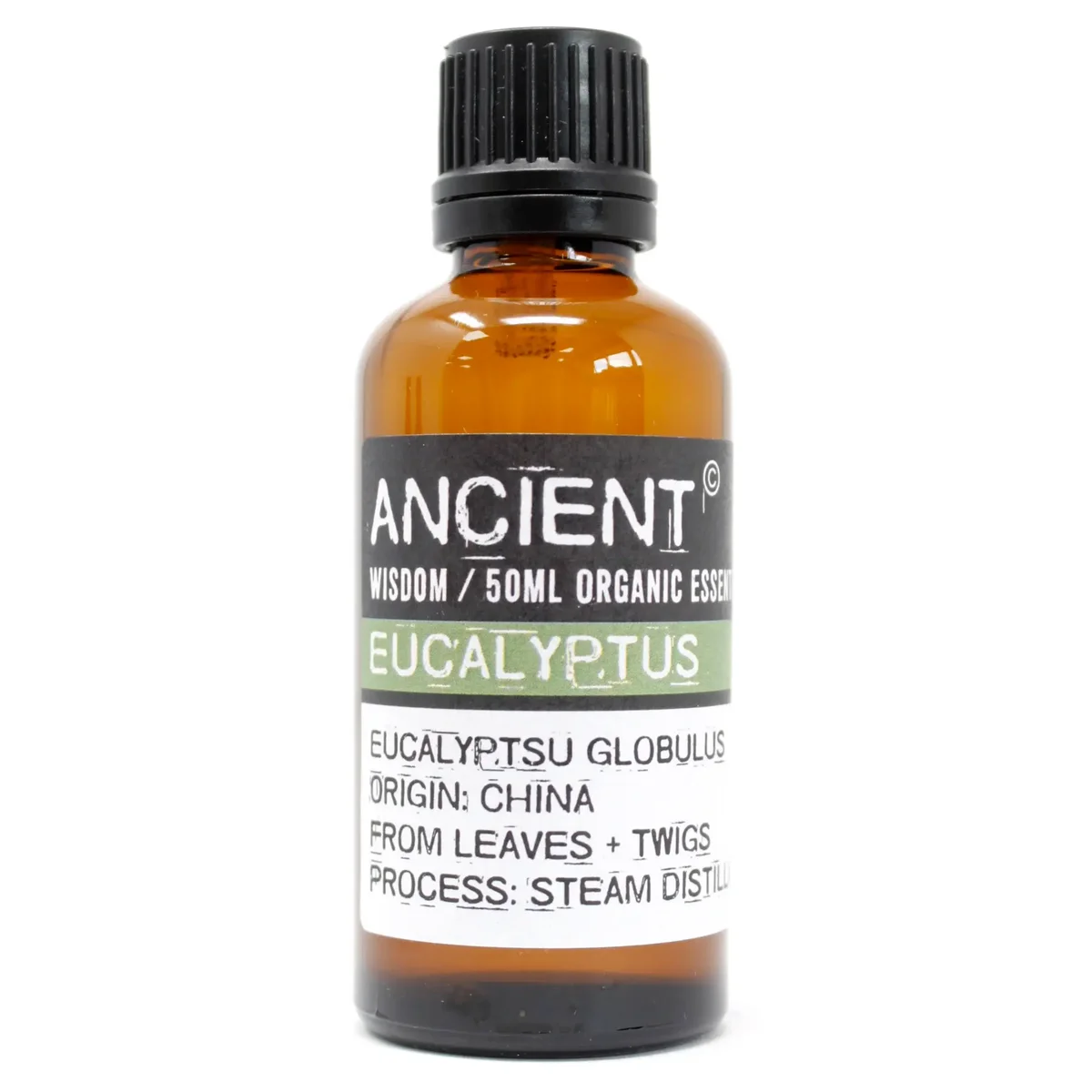 Dark amber bottle of eucalyptus essential oil 50ml, green label and white cap.