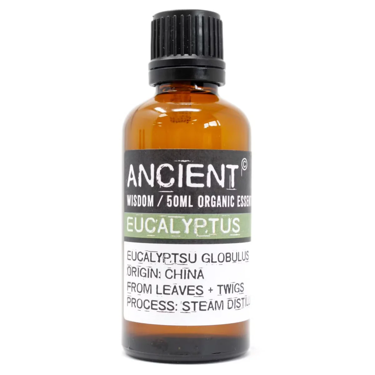 Transparent glass bottle of eucalyptus oil 50ml, labelled Eucalyptus Organic Essential Oil, featuring green leaf design.