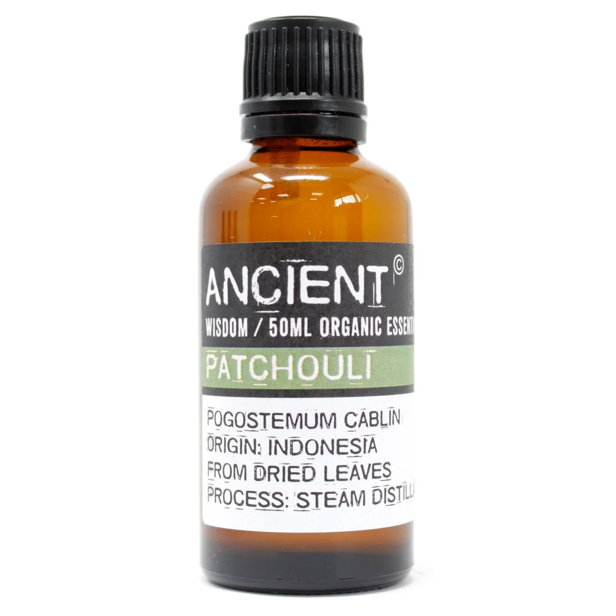 A 50ml bottle of organic patchouli essential oil.