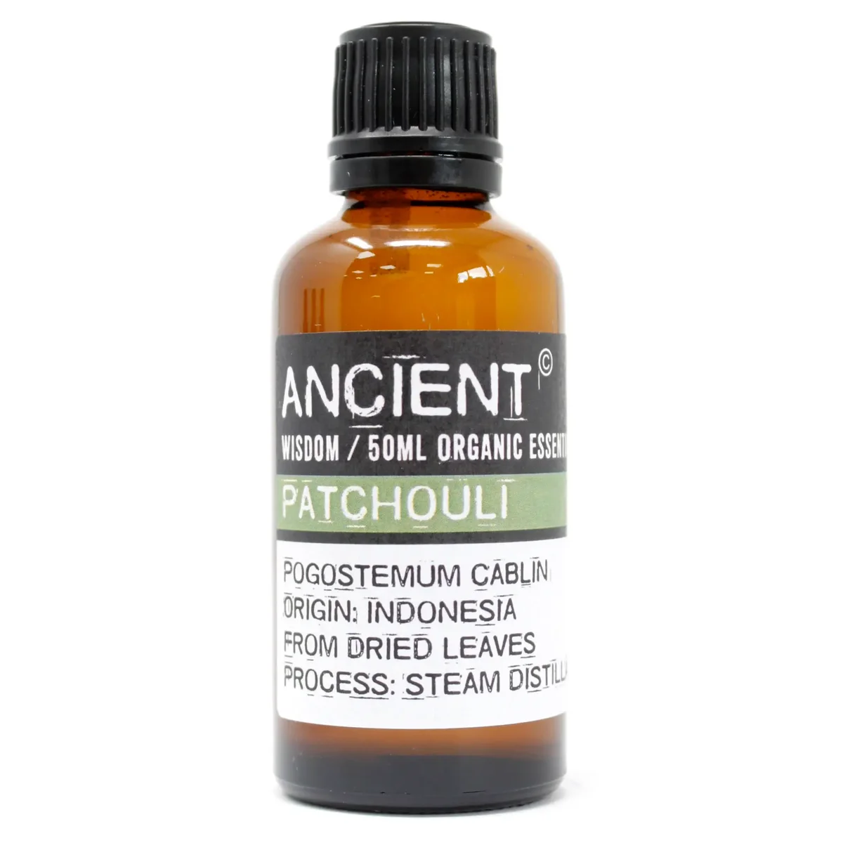Amber glass bottle containing patchouli essential oil, 50ml, with earth‑tone label.