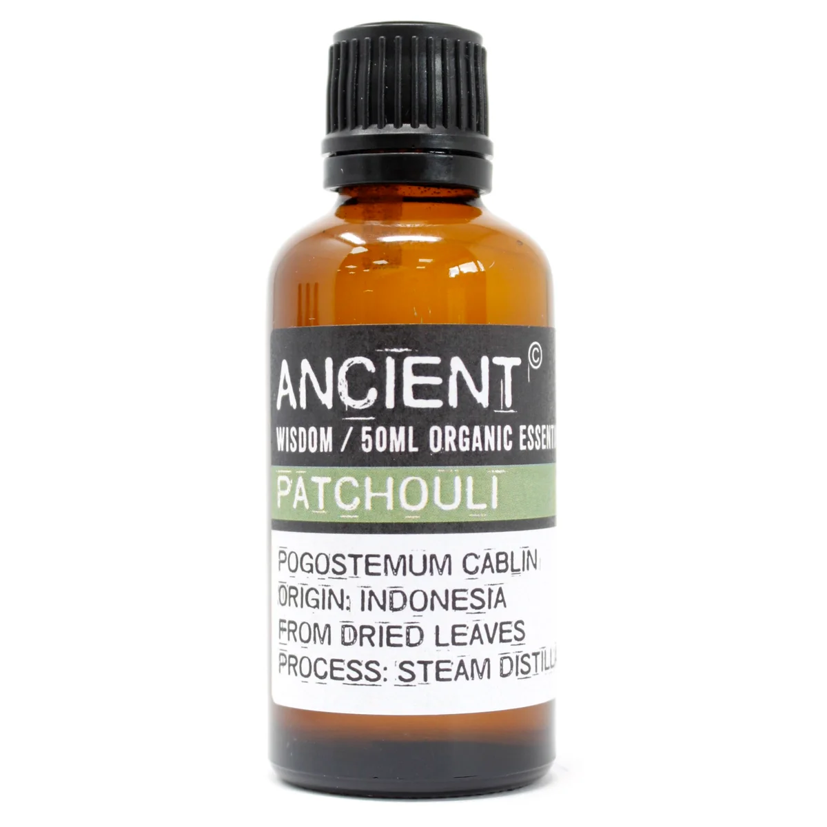 Patchouli organic essential oil bottle showing a 50ml label.