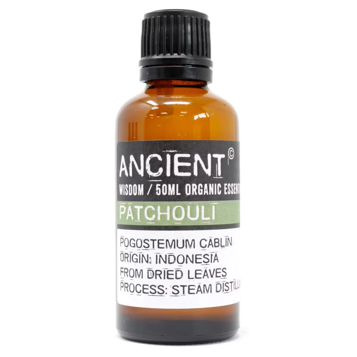 Clear glass bottle of patchouli oil 50ml