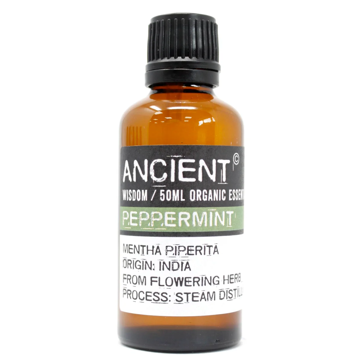 Clear glass bottle of 50 ml peppermint organic essential oil with label and screw‑cap.