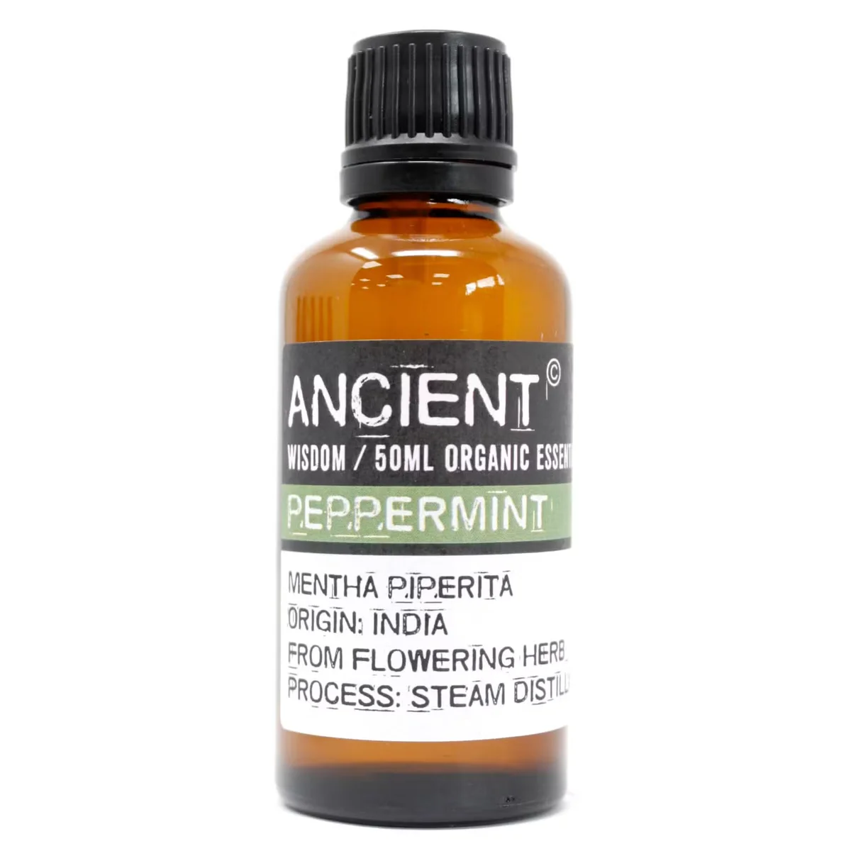Clear glass bottle of 50ml peppermint organic essential oil