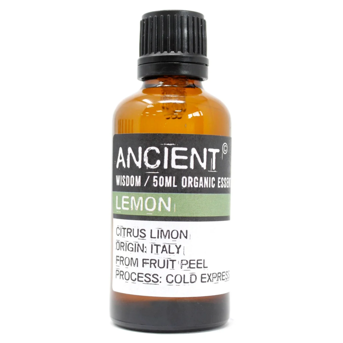 Transparent 50ml bottle of organic lemon essential oil.