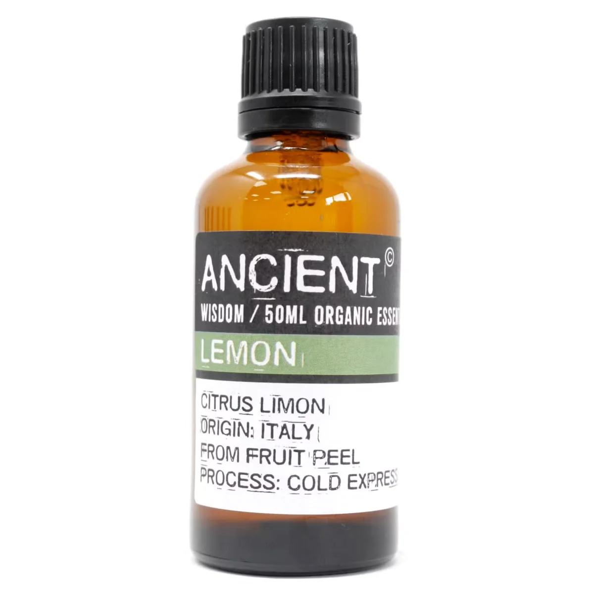 Clear glass bottle of lemon‑coloured organic essential oil 50 ml with metal cap