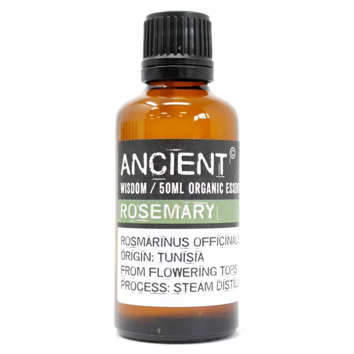 Small glass bottle of 50ml organic rosemary essential oil, clear label