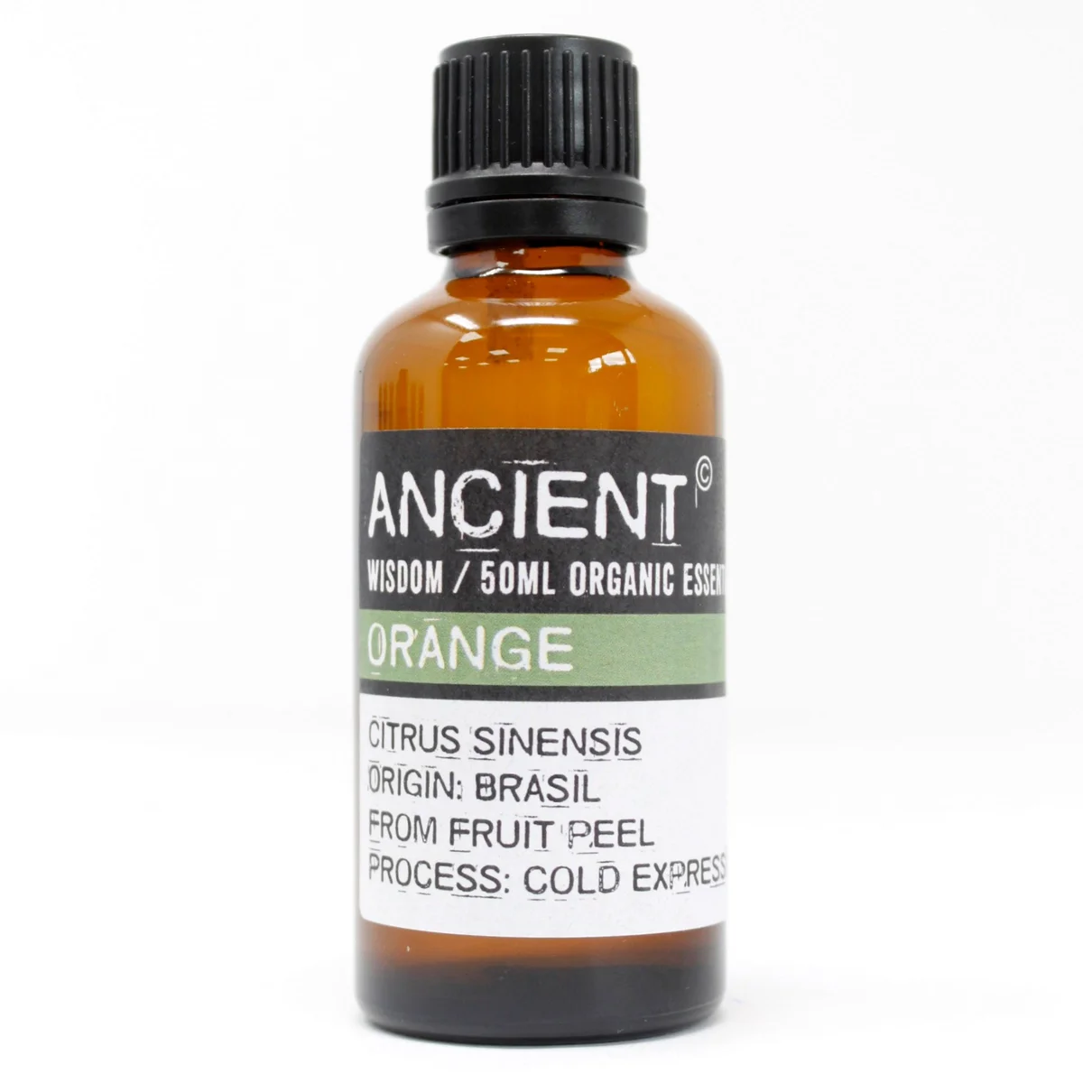 Clear glass bottle of organic orange essential oil, 50 ml, with a label and orange‑scented liquid inside