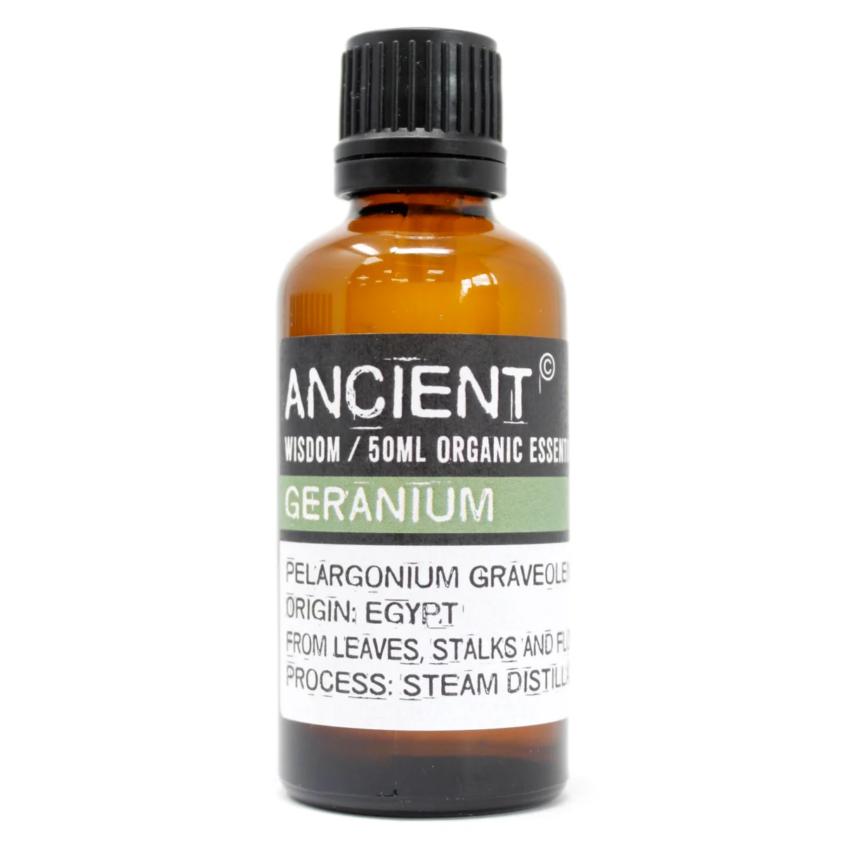 Clear glass bottle of geranium oil 50ml with green label and small cap.