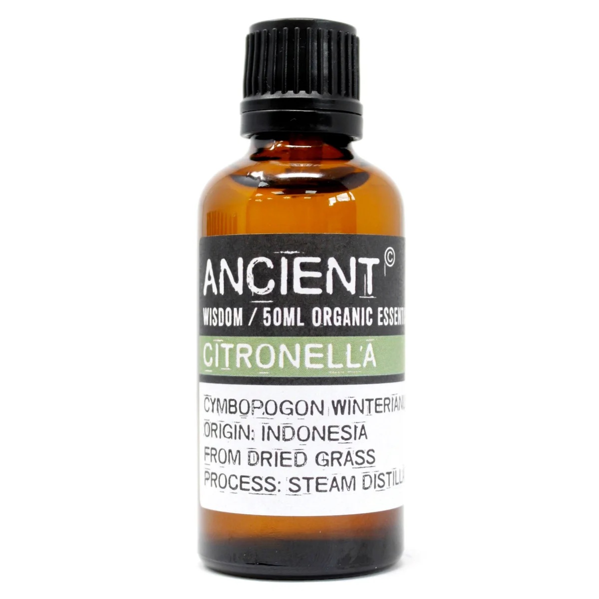 50ml amber glass bottle of citronella essential oil with dropper cap on plain white background