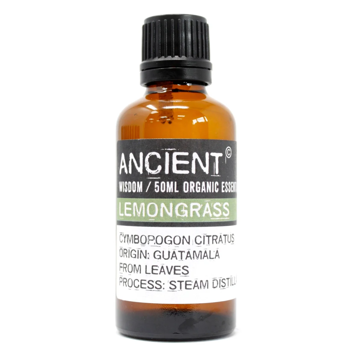 50ml bottle of lemongrass essential oil with organic label on plain white background