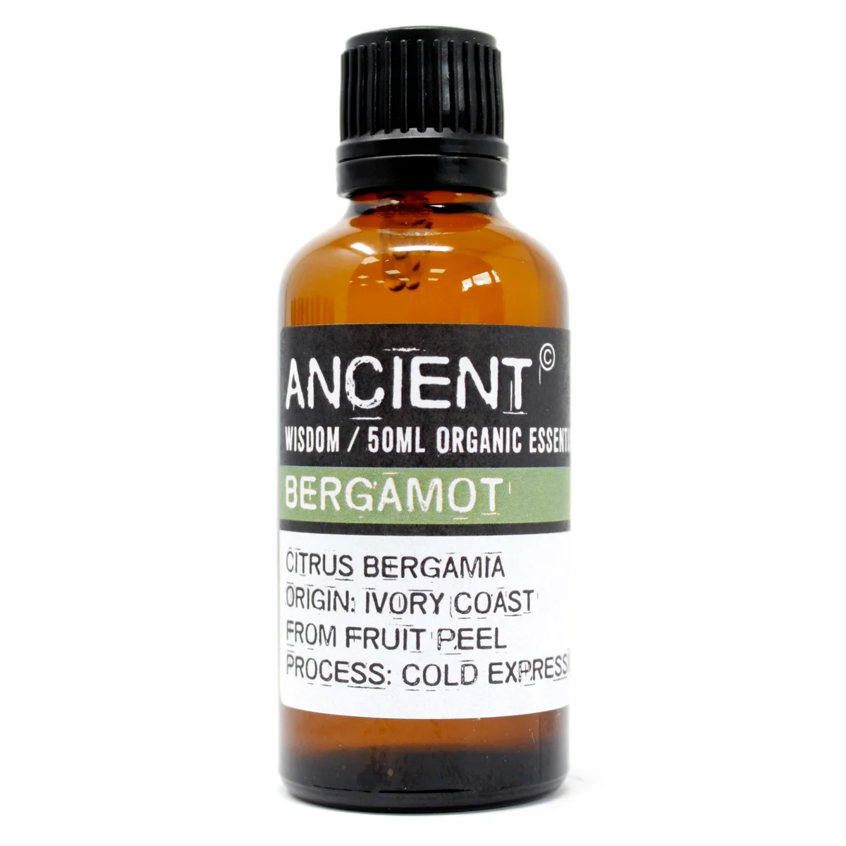 Bottle of Bergamot organic aromatherapy oil 50ml with label on a white background
