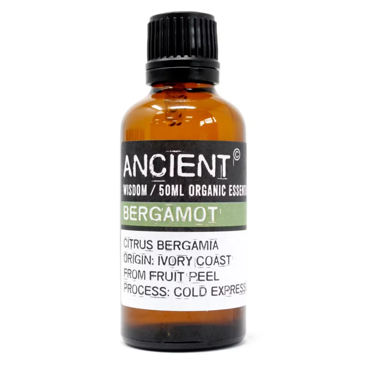 Bottle of Bergamot Organic Essential Oil 50ml with label, representing organic fragrance oil for aromatherapy and skincare use