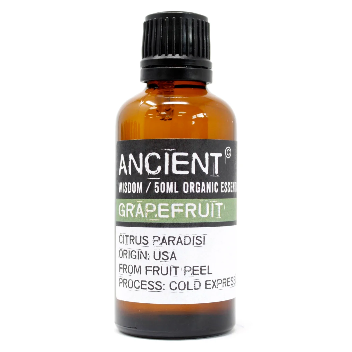 Clear 50ml bottle of natural grapefruit oil with grapefruit fruit and leaves on a white background