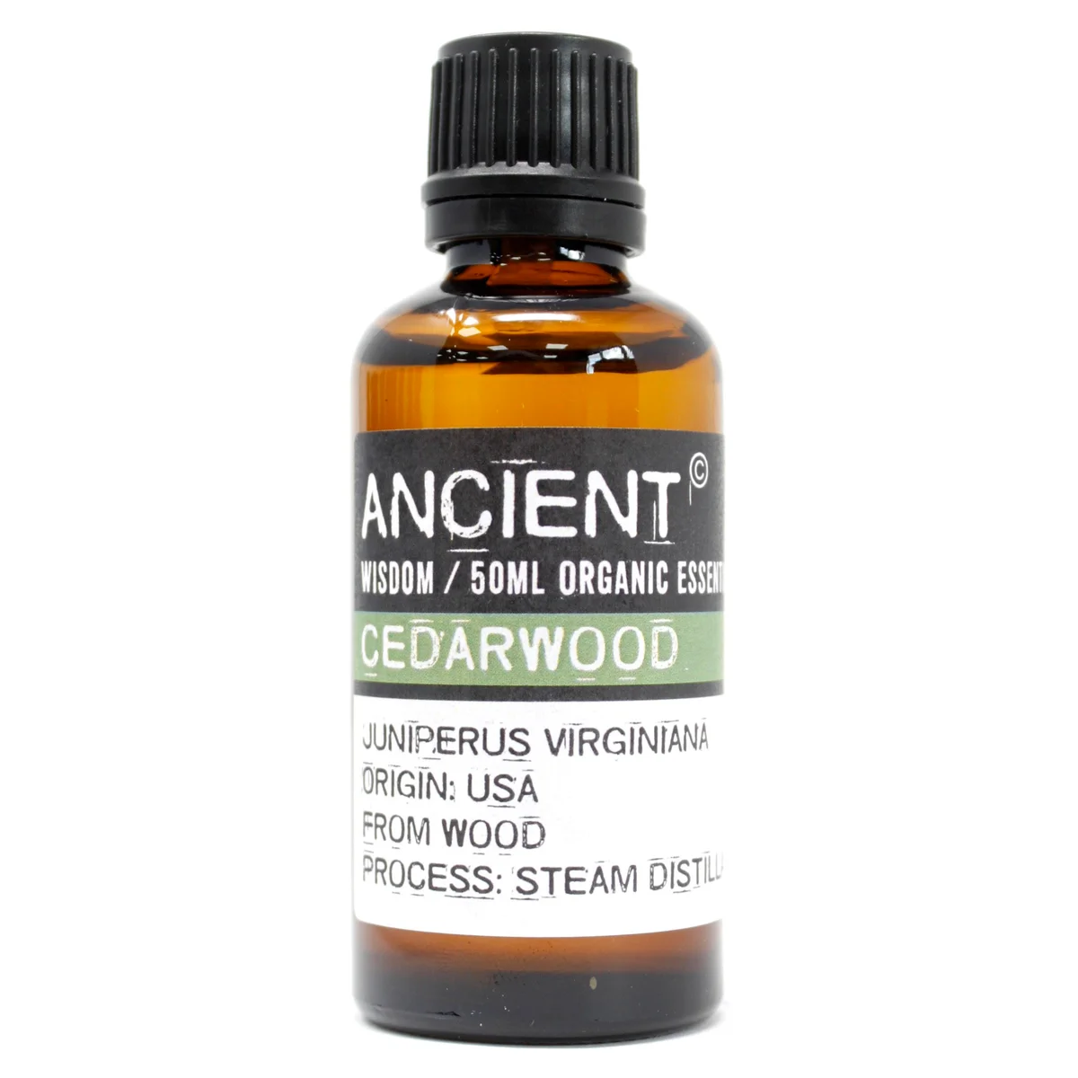 Bottle of 50ml natural cedarwood oil with organic essential oil label on plain background