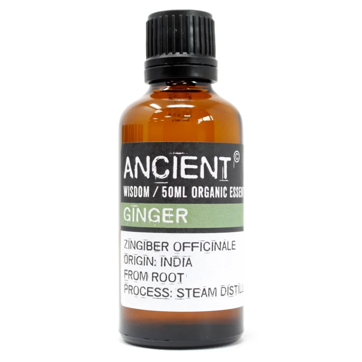 Black glass bottle of organic ginger essential oil, 50ml.
