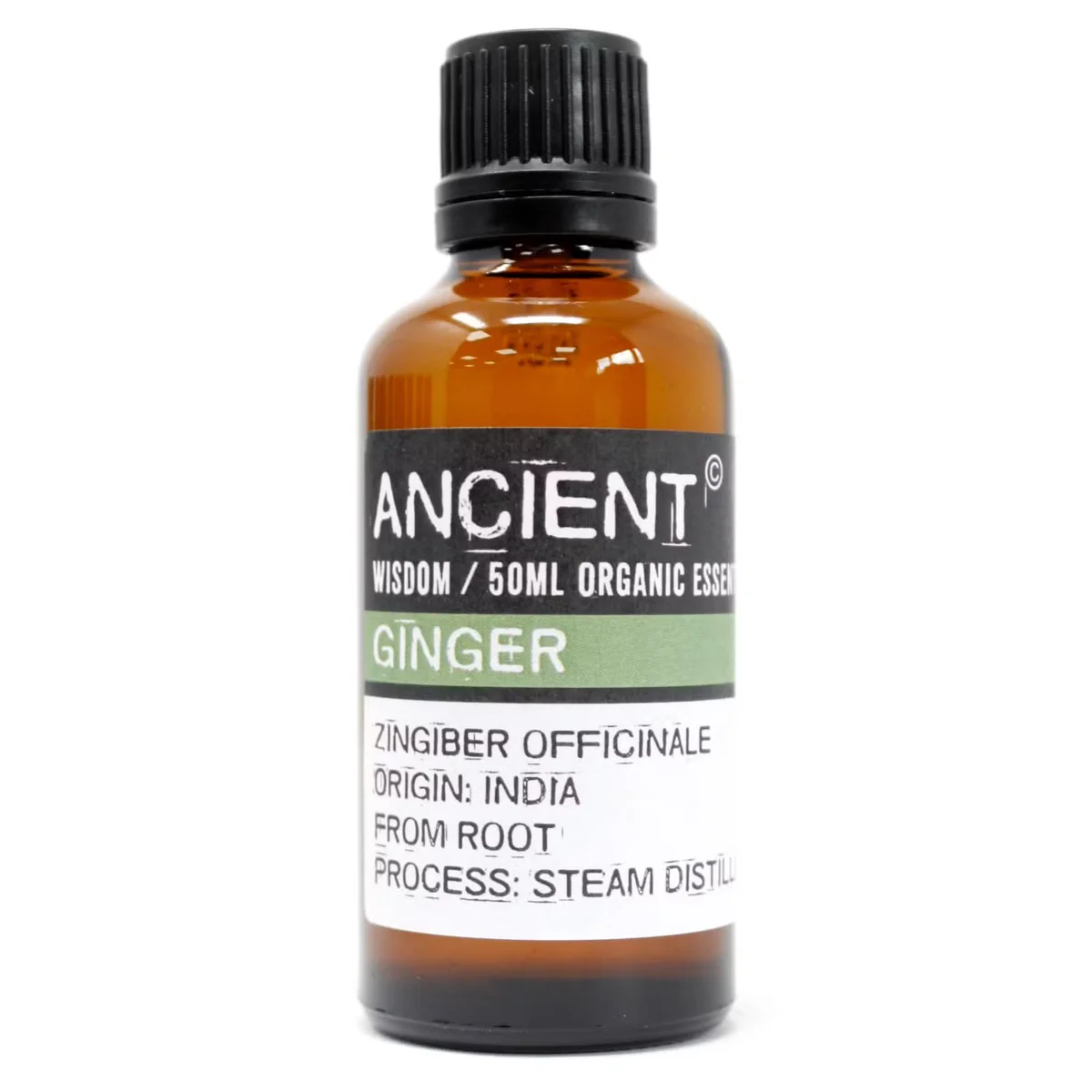 Amber glass bottle labeled Ginger Organic Essential Oil 50ml.