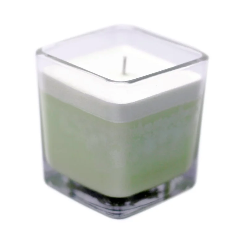 White soy wax jar candle labeled for bamboo scented candle, clear glass jar with simple white label