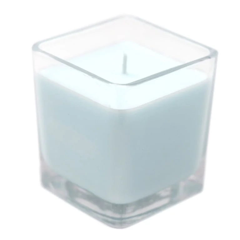 White label jar of baby powder soy candle, clear wax jar with simple white label.