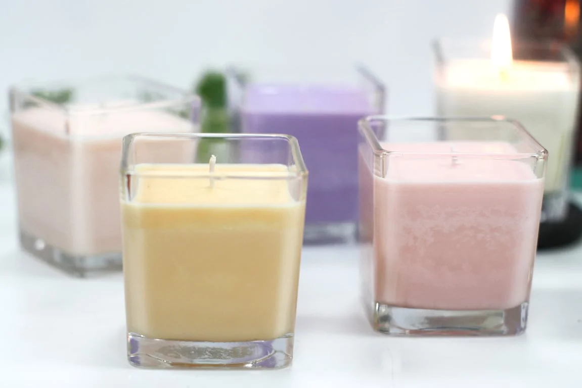 White label soy wax candle in a jar, scented with peach smoothie.