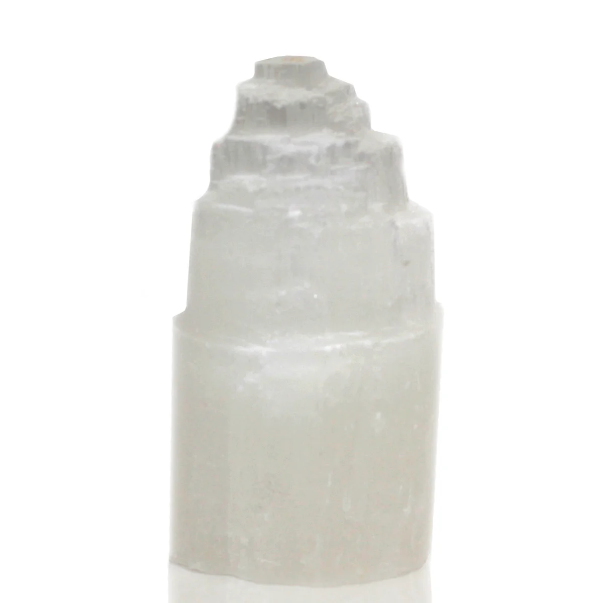 15 cm tower lamp made of natural selenite, translucent crystal with a smooth, slender silhouette