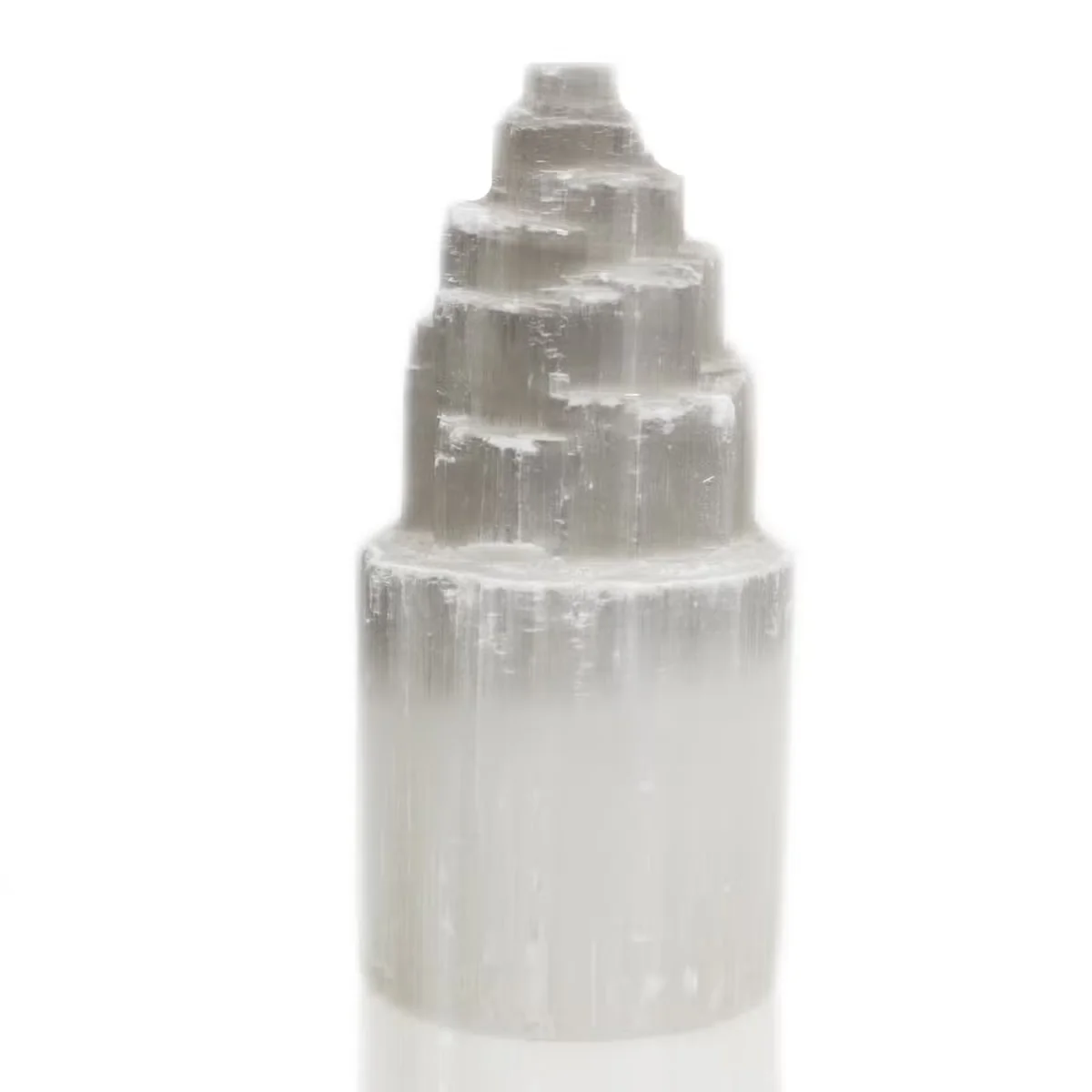Tower lamp selenite in natural stone, 20 cm tall, white translucent crystal.
