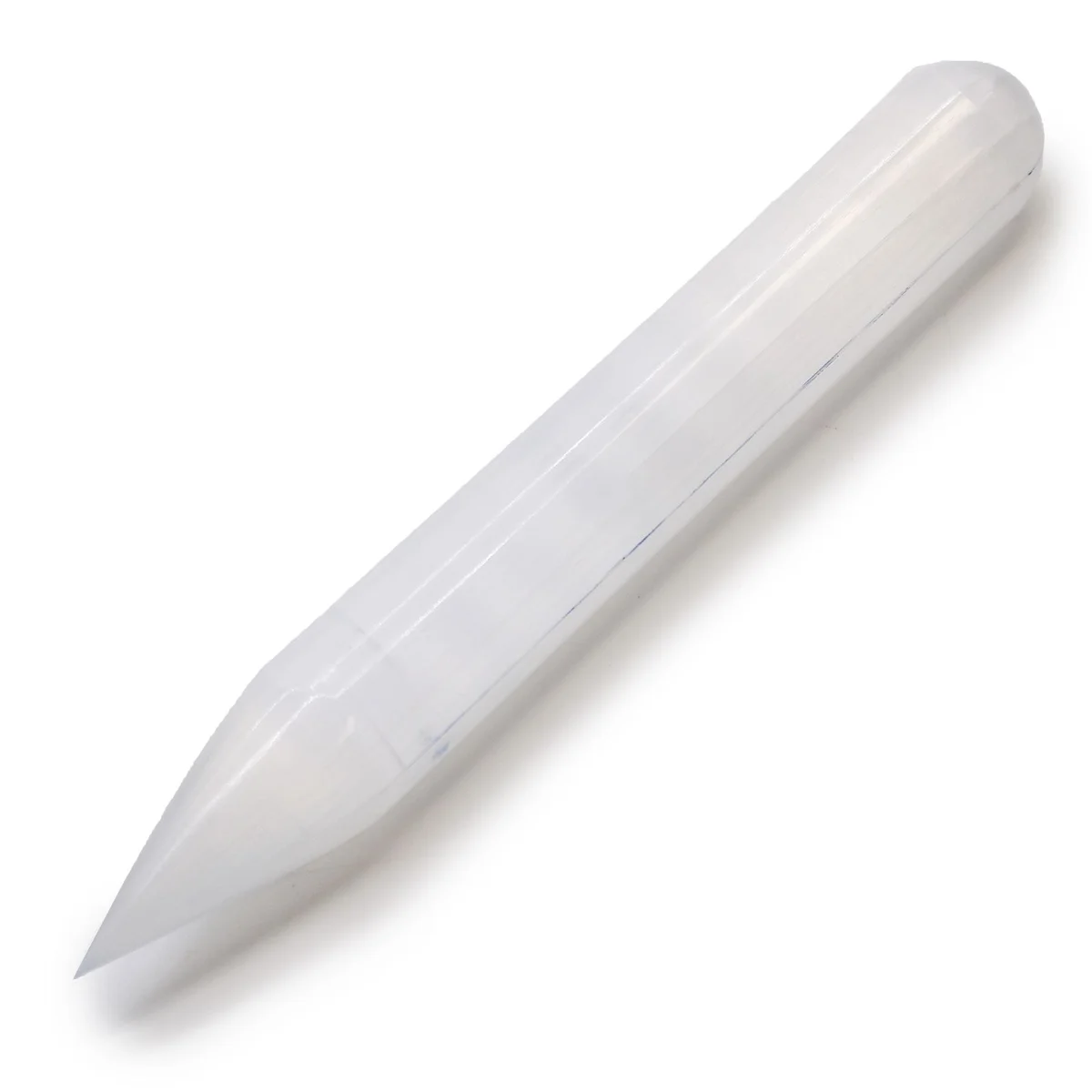 Clear 16cm selenite wand with pointed tip, delicate crystal shaft.