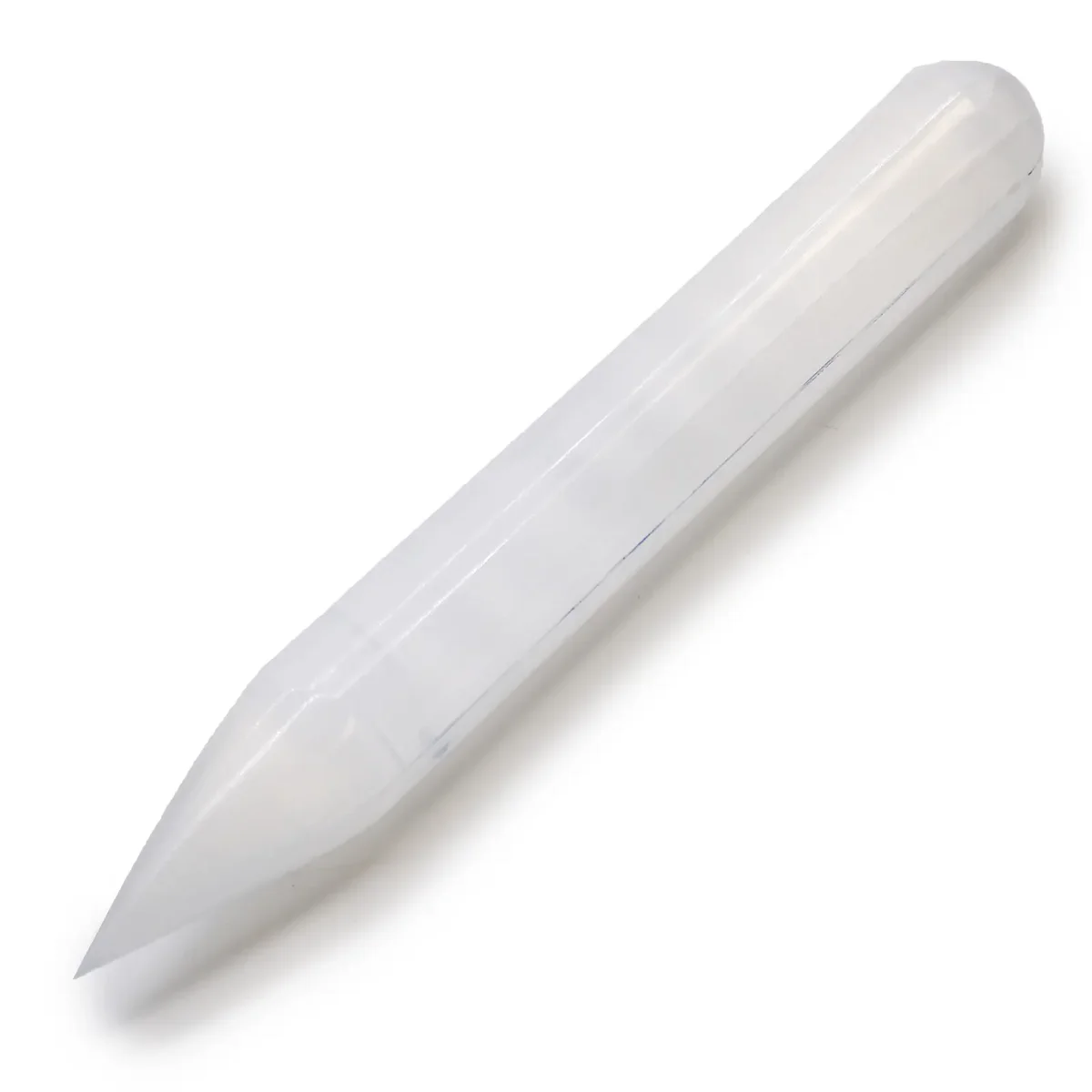 Selenite wand, 16 cm long, transparent with a pointed tip at one end.