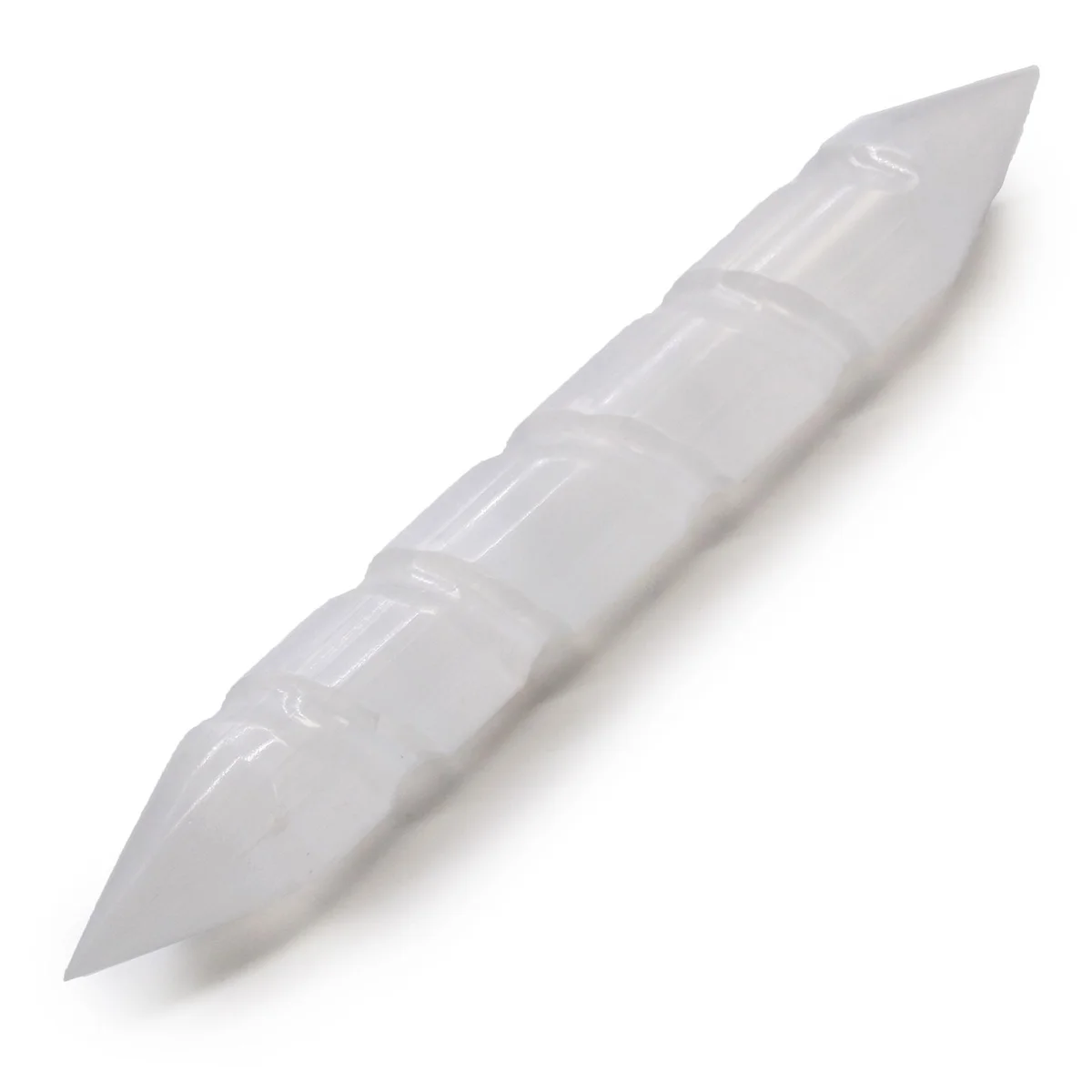 Selenite spiral wand 16 cm, pointed both ends in close‑up photograph