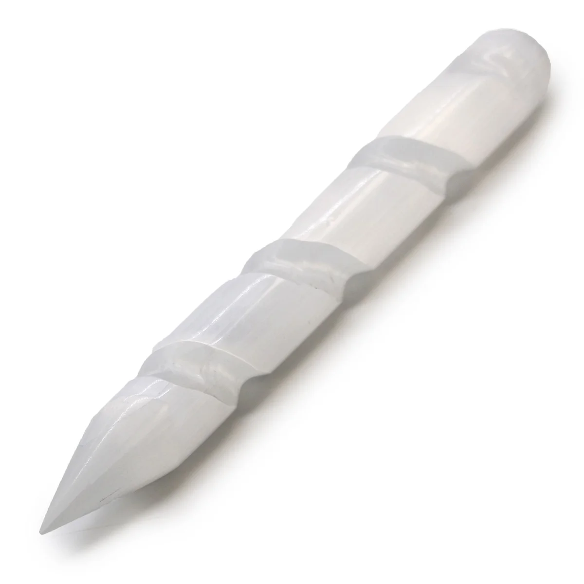 A 16 cm selenite spiral wand with a pointed end.