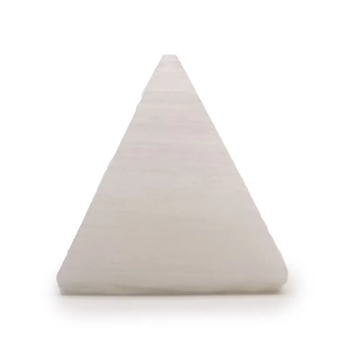 5 cm selenite pyramid natural crystal ornament with smooth, translucent white surfaces on a plain background