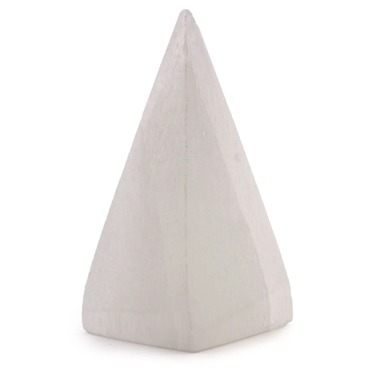 Selenite pyramid crystal sculpture measuring 10 cm with smooth, translucent white surface on plain background