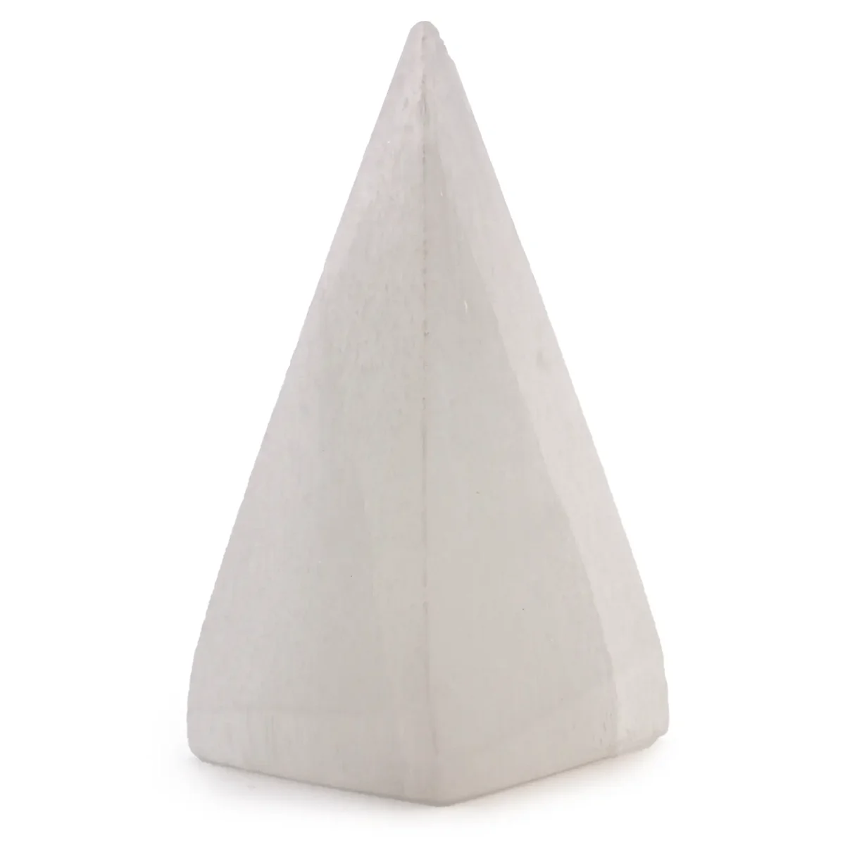 10 cm selenite pyramid crystal with smooth translucent surfaces and natural striations on a white background