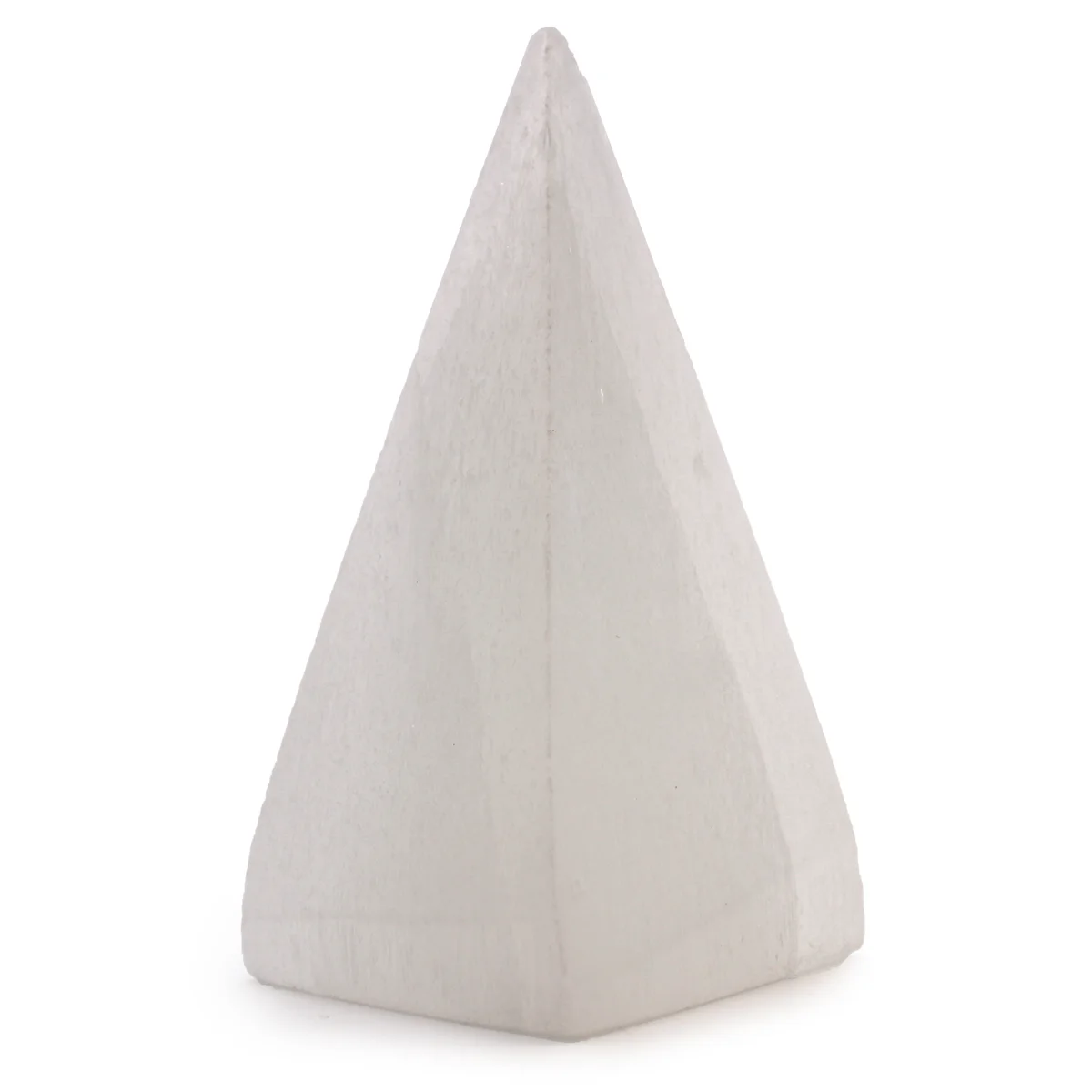 Translucent 10 cm selenite pyramid crystal decorative ornament with smooth polished surfaces on white background