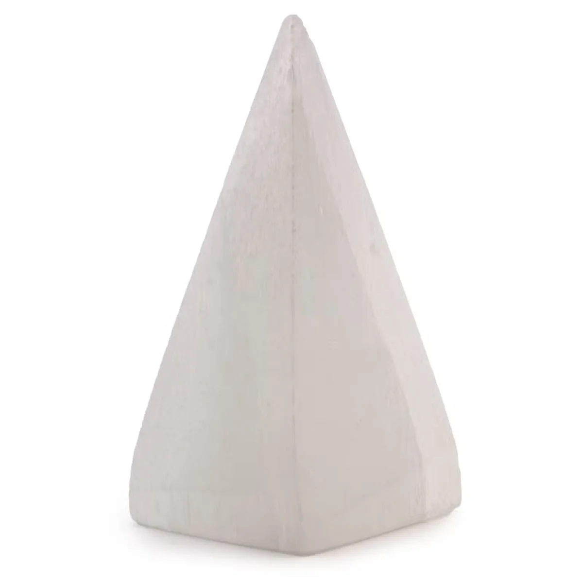 10 cm selenite pyramid crystal with smooth, translucent white surface, ideal as a home decor pyramid accessory