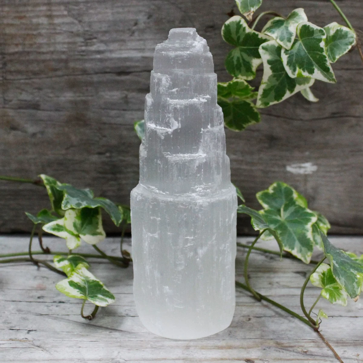 15 cm tall translucent selenite tower ornament