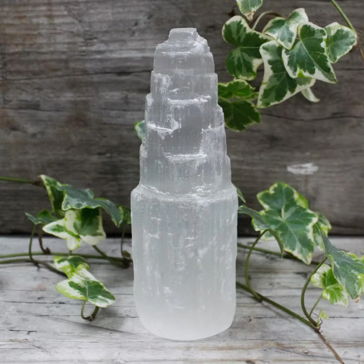 15 cm selenite ornament tower made of natural crystal.