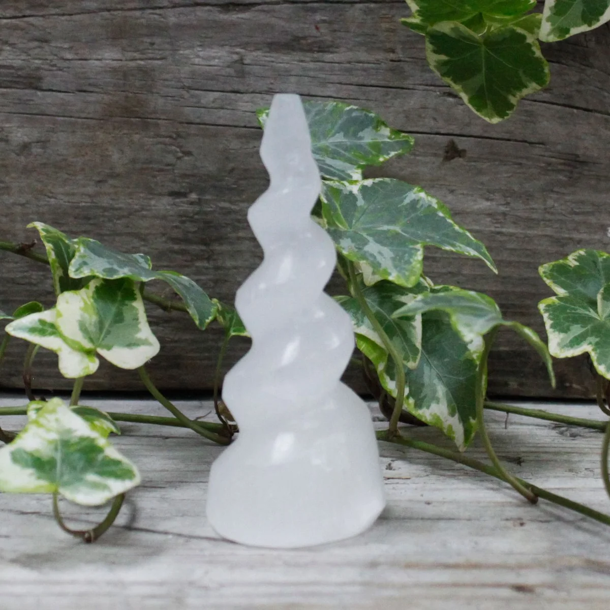 Selenite spiral unicorn horn tower, 10 cm tall, slender translucent crystal with swirling tip.