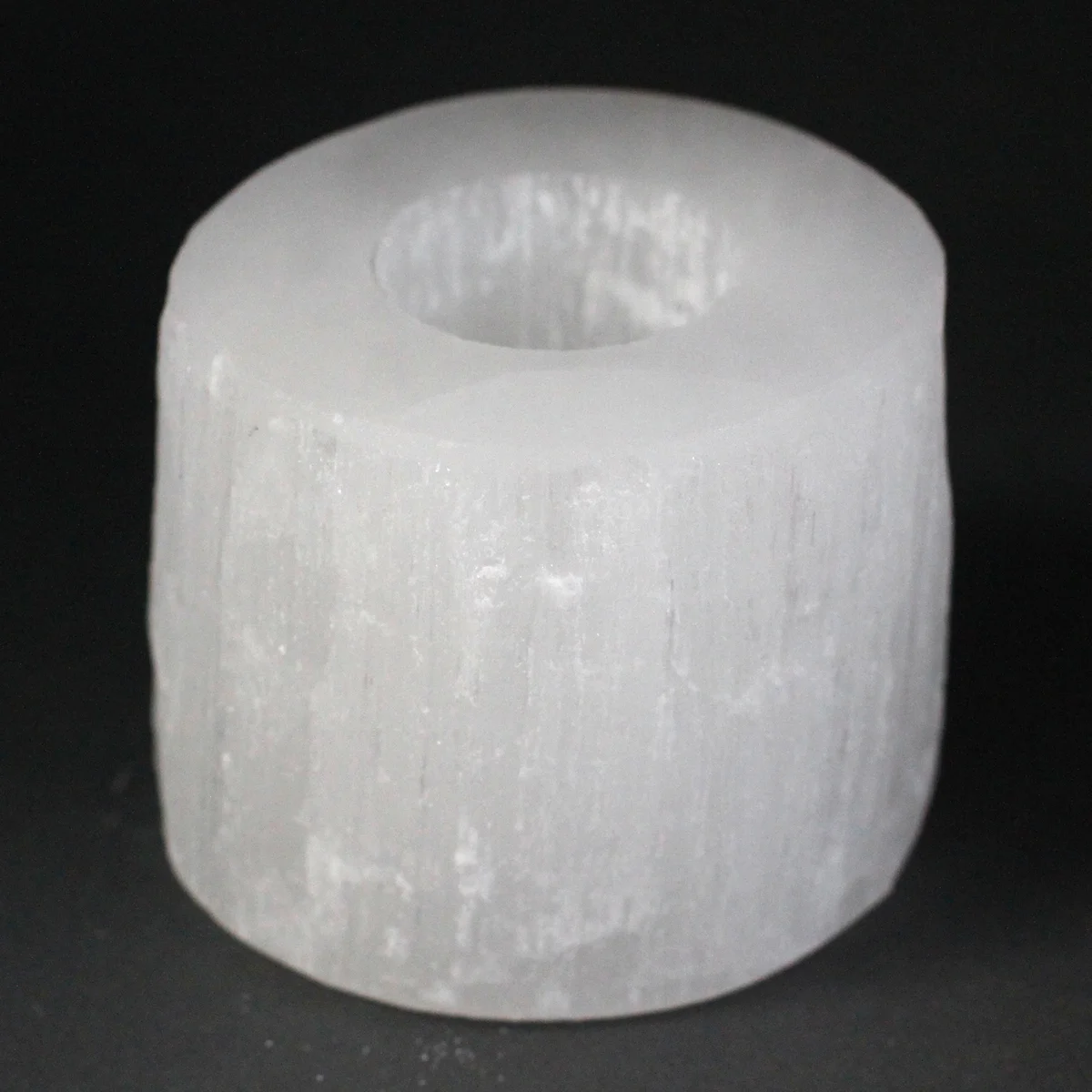 Selenite cylinder 8 cm candle holder, clear translucent.