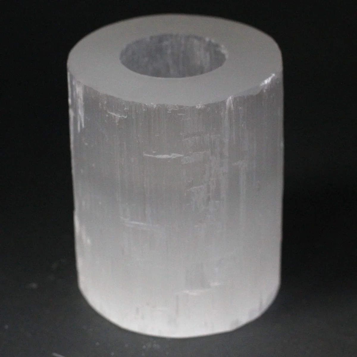 10 cm transparent selenite cylinder candle holder displayed upright on a neutral background