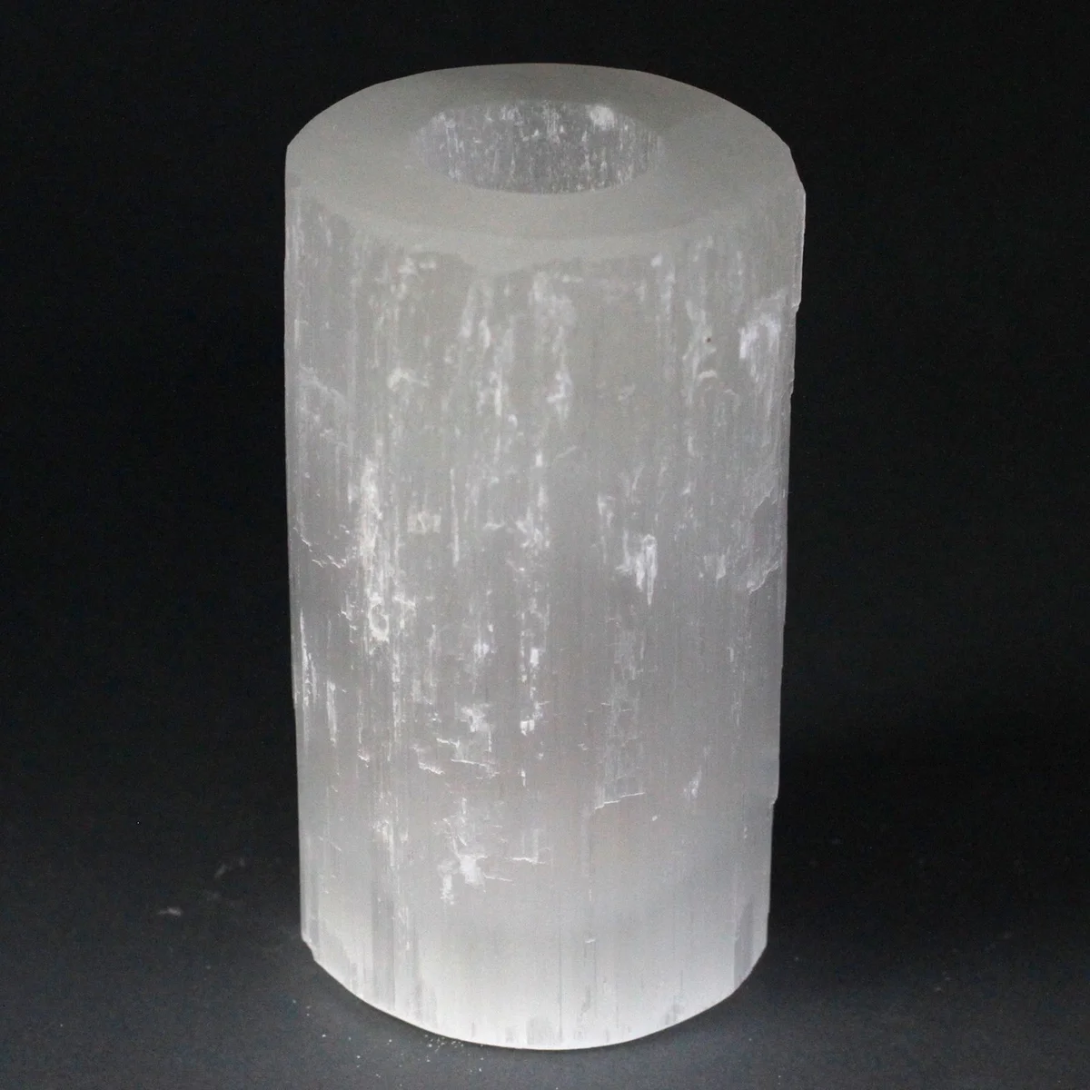 Selenite cylinder candle holder, 15 cm tall, ready to hold a single candle