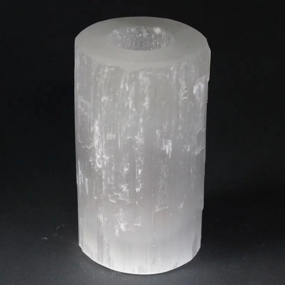 Selenite cylindrical decorative candle holder, 15 cm height.