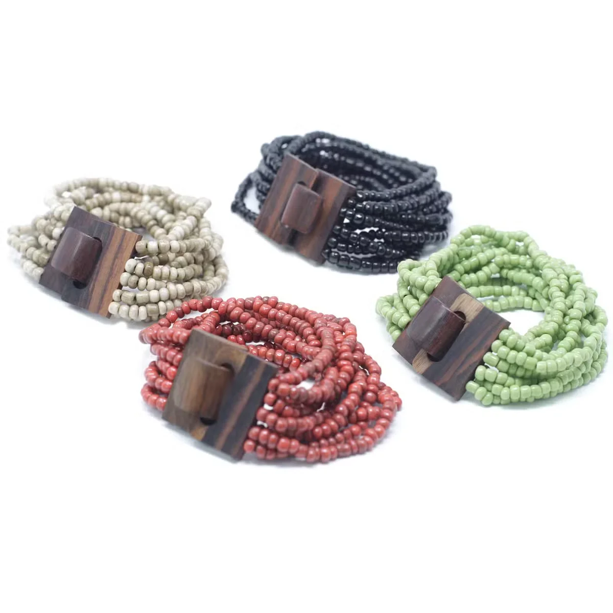 Assorted colour bracelet featuring multi‑bead bangle with wooden clasp