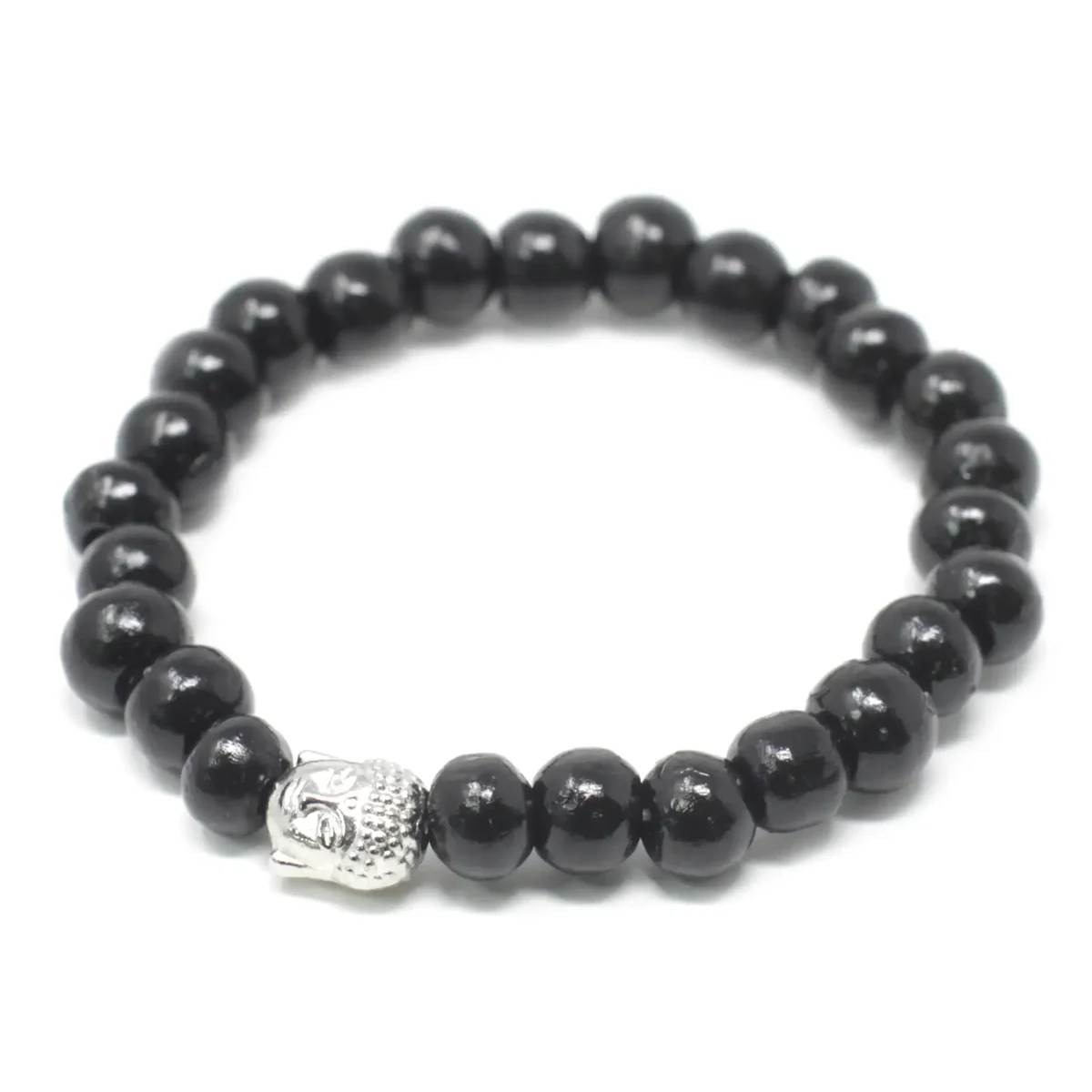 Beaded bangle made from darkwood beads, featuring a Buddha motif.