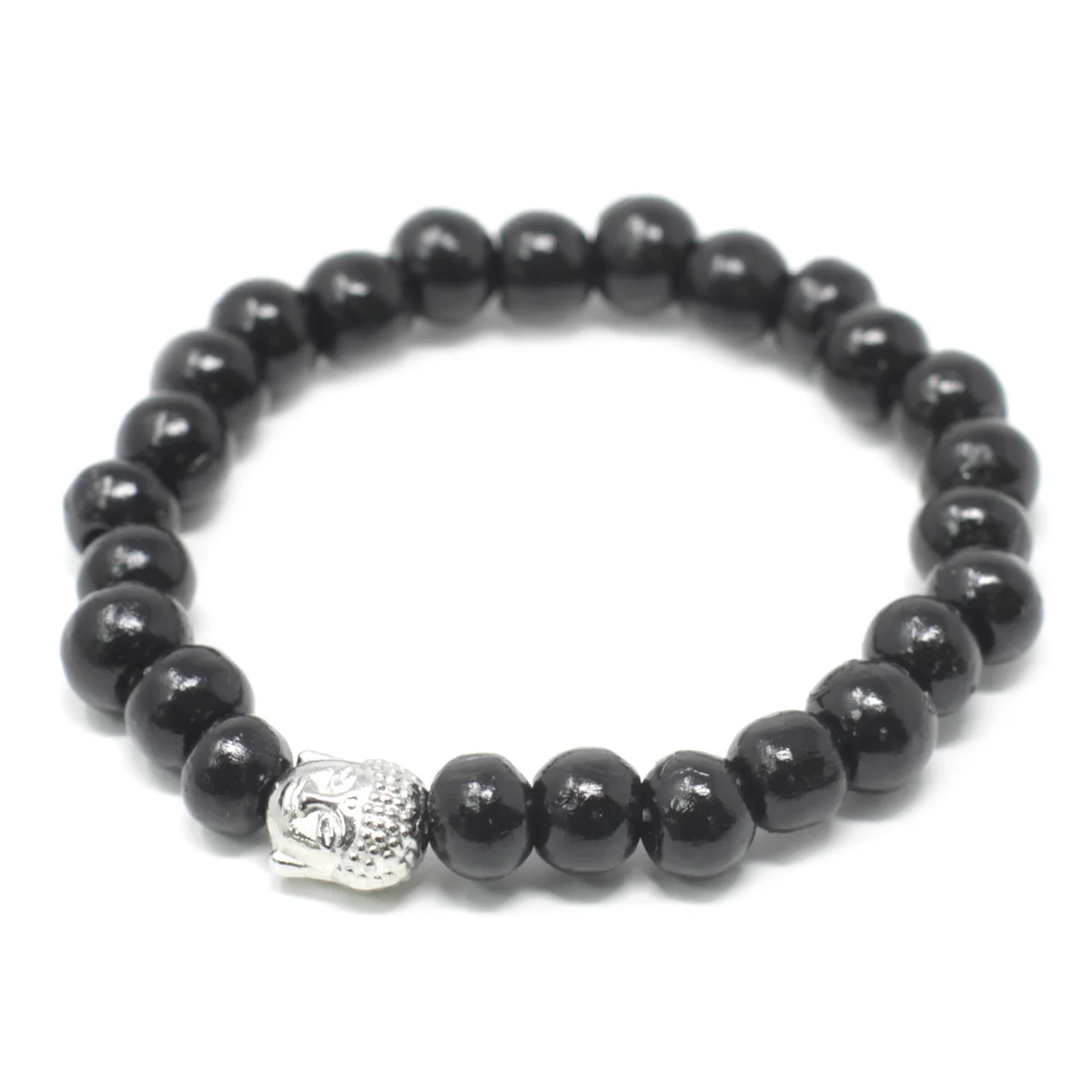 Buddha bangle with darkwood beads on a slender wrist.