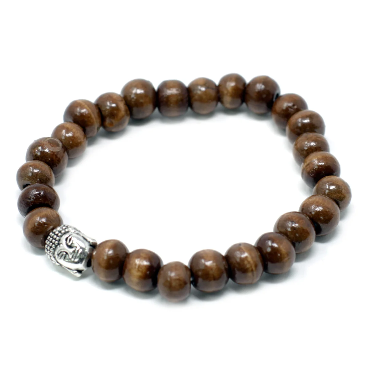Brown beads and Buddha bangle forming a Buddha beaded bracelet.