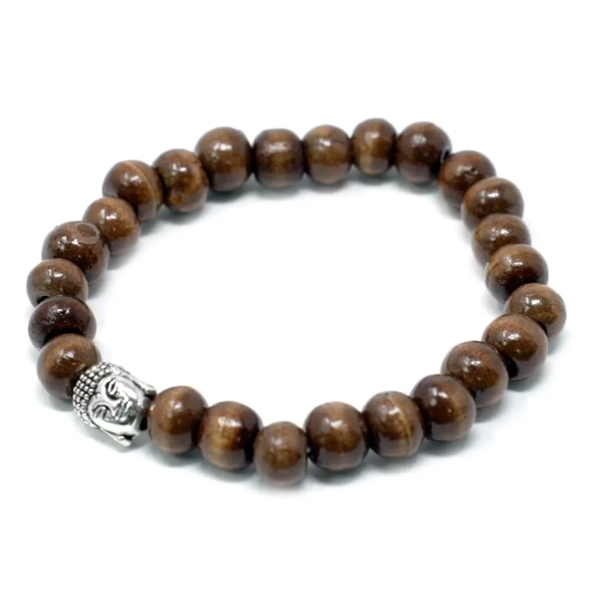 Spiritual beaded bangle with brown beads and a Buddha charm.