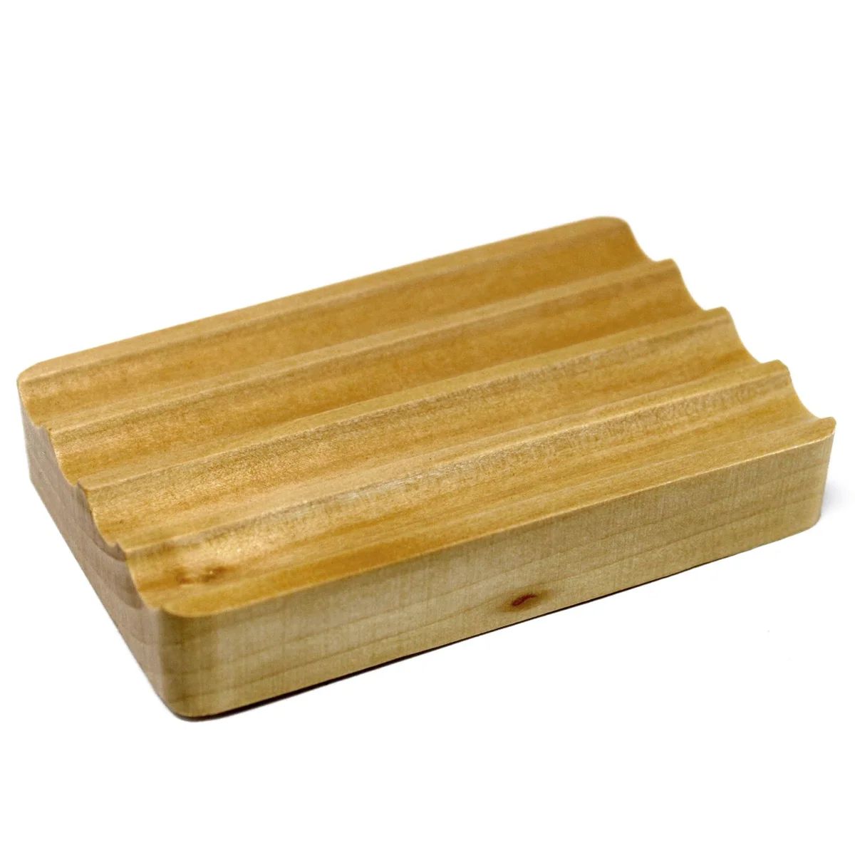 Corrugated Hemu wood soap dish with grooves for drainage, natural wood finish, rectangular shape