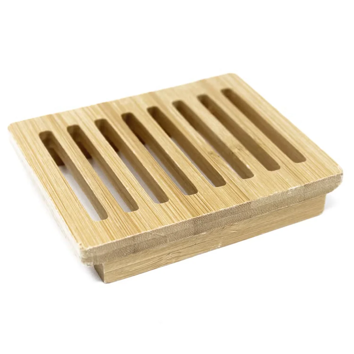 Hemu wooden soap tray with slatted design in a box packaging on a white background
