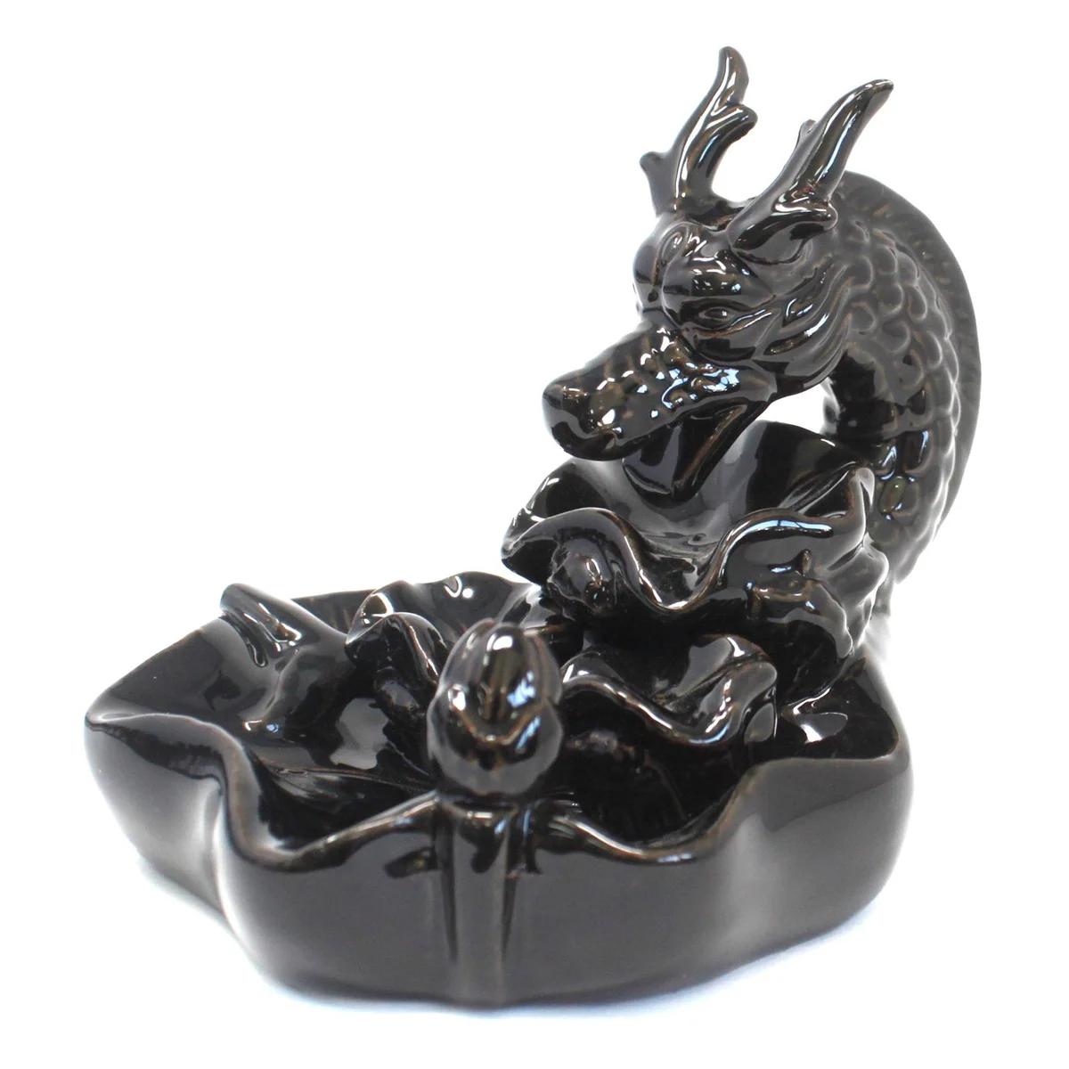Large dragon pool backflow incense burner with detailed dragon sculpture releasing smoke downwards